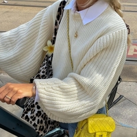 White Cable Knit Lantern Sleeve Sweater  - Thumbnail 1