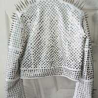 Crafted Leather New Women Full White Punk Silver Long Spiked Studded Leather Brando Biker Jacket - Thumbnail 3