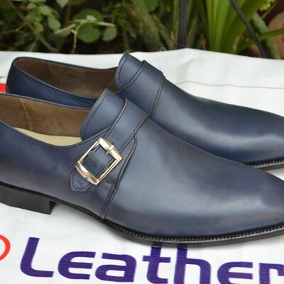 Handmade blue genuine leather single monk strap dress shoes - Thumbnail 5