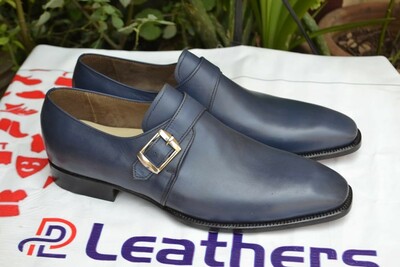 Handmade Blue Genuine Leather Single Monk Strap Dress Shoes