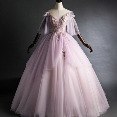 Cute v-neck tulle lace long prom dress, a-line evening party dress - Thumbnail 2