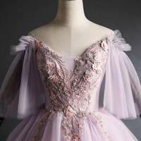 Cute V-Neck Tulle Lace Long Prom Dress, A-Line Evening Party Dress - Thumbnail 3