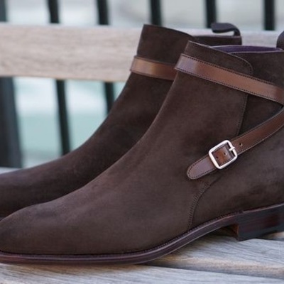 Men brown jodhpur rounded buckle handmade high ankle suede genuine leather boots
