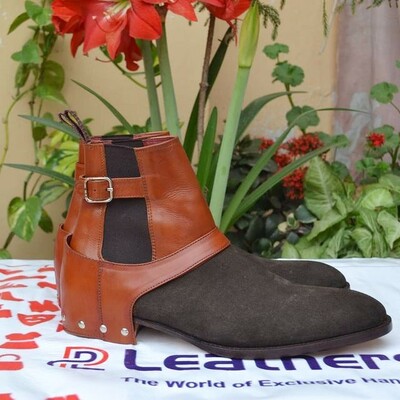 Handmade unique black brown leather cowboy style jodhpur boot