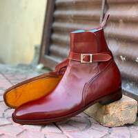 Handmade Men's Burgundy Leather Jodhpur Boots, Men Ankle High Fashion Boots - Thumbnail 2