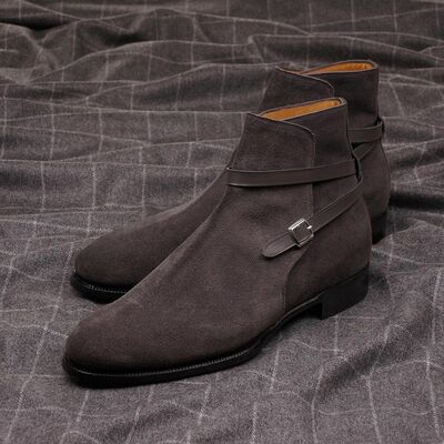 Grey suede jodhpur boots, with matching box calf strap