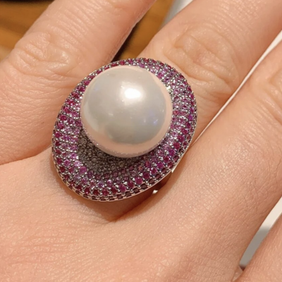 Big pearl cubic zirconia love oval adjustable ring
