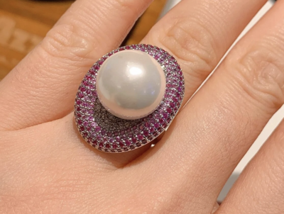 Big Pearl Cubic Zirconia Love Oval Adjustable Ring