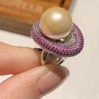 Big Pearl Cubic Zirconia Love Oval Adjustable Ring - Thumbnail 2