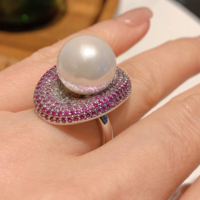 Big Pearl Cubic Zirconia Love Oval Adjustable Ring - Thumbnail 3