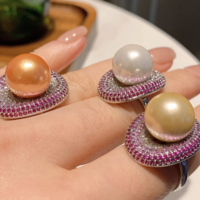 Big Pearl Cubic Zirconia Love Oval Adjustable Ring - Thumbnail 5