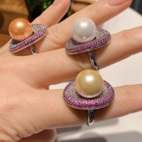 Big Pearl Cubic Zirconia Love Oval Adjustable Ring - Thumbnail 6