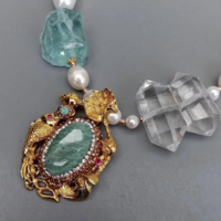 Green Amazonite Cz Pave Pendant Cultured White Pearl Quartz Double Point Necklace - Thumbnail 1