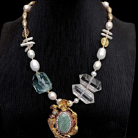 Green Amazonite Cz Pave Pendant Cultured White Pearl Quartz Double Point Necklace - Thumbnail 2