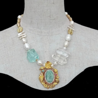 Green Amazonite Cz Pave Pendant Cultured White Pearl Quartz Double Point Necklace - Thumbnail 3