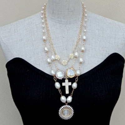 Pearl gold plated statement necklace white shell virgin mary charm pendant