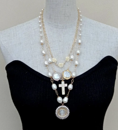 Pearl Gold Plated statement Necklace White Shell Virgin Mary Charm Pendant