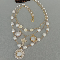 Pearl Gold Plated statement Necklace White Shell Virgin Mary Charm Pendant - Thumbnail 1