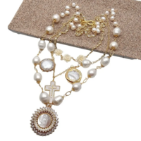 Pearl Gold Plated statement Necklace White Shell Virgin Mary Charm Pendant - Thumbnail 2