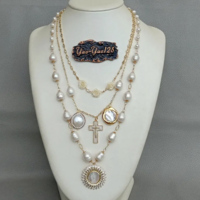 Pearl Gold Plated statement Necklace White Shell Virgin Mary Charm Pendant - Thumbnail 3