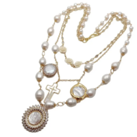 Pearl Gold Plated statement Necklace White Shell Virgin Mary Charm Pendant - Thumbnail 4