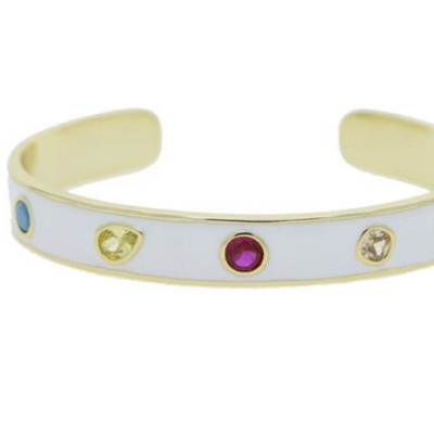 Gold metal white enamel colorful cubic zirconia cz paved open adjusted band bangle 