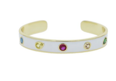 Gold Metal White Enamel Colorful Cubic Zirconia CZ Paved Open Adjusted Band Bangle 