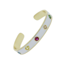 Gold Metal White Enamel Colorful Cubic Zirconia CZ Paved Open Adjusted Band Bangle  - Thumbnail 1