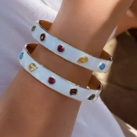 Gold Metal White Enamel Colorful Cubic Zirconia CZ Paved Open Adjusted Band Bangle  - Thumbnail 3