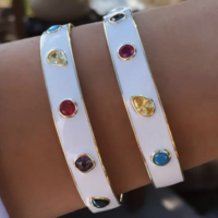 Gold Metal White Enamel Colorful Cubic Zirconia CZ Paved Open Adjusted Band Bangle  - Thumbnail 4