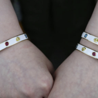 Gold Metal White Enamel Colorful Cubic Zirconia CZ Paved Open Adjusted Band Bangle  - Thumbnail 6