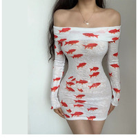 Sexy one-shoulder goldfish print long-sleeved dress - Thumbnail 6