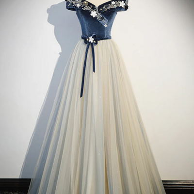 Blue beading appliques v neck floor length prom dress, off the shoulder princess a line formal dress kpp1556 - Thumbnail 2