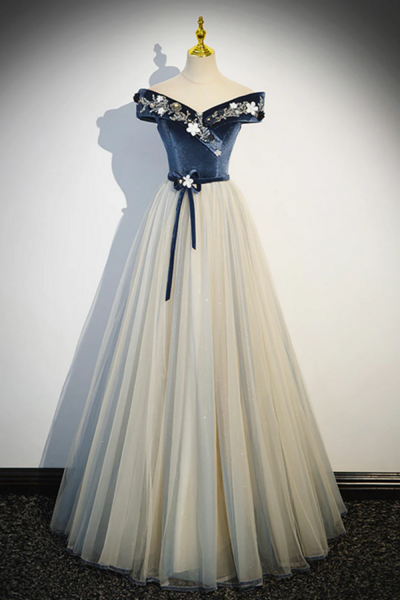 Blue Beading Appliques V Neck Floor Length Prom Dress, Off the Shoulder Princess A Line Formal Dress KPP1556