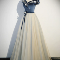 Blue Beading Appliques V Neck Floor Length Prom Dress, Off the Shoulder Princess A Line Formal Dress KPP1556 - Thumbnail 1