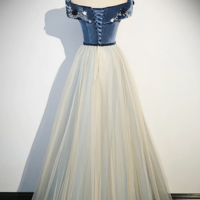 Blue Beading Appliques V Neck Floor Length Prom Dress, Off the Shoulder Princess A Line Formal Dress KPP1556 - Thumbnail 2