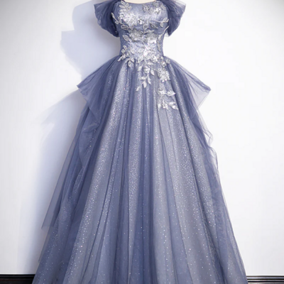 Dusty blue off the shoulder lace long prom dress, a line shiny tulle evening dress kpp1557