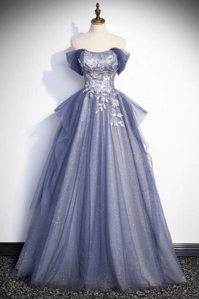 Dusty Blue Off the Shoulder Lace Long Prom Dress, A Line Shiny Tulle Evening Dress KPP1557