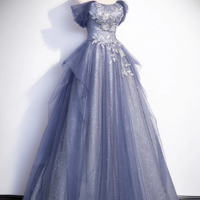 Dusty Blue Off the Shoulder Lace Long Prom Dress, A Line Shiny Tulle Evening Dress KPP1557 - Thumbnail 1