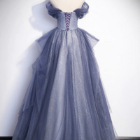 Dusty Blue Off the Shoulder Lace Long Prom Dress, A Line Shiny Tulle Evening Dress KPP1557 - Thumbnail 2