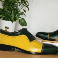 Handmade Men's Green & Mustard Shoes, Lace Up Brogue Toe, Dress Leather Shoes - Thumbnail 1