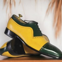 Handmade Men's Green & Mustard Shoes, Lace Up Brogue Toe, Dress Leather Shoes - Thumbnail 2