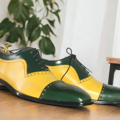 Handmade men's green & mustard shoes, lace up brogue toe, dress leather shoes - Thumbnail 5