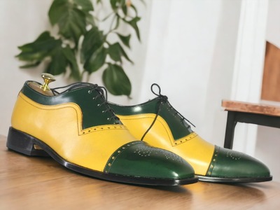 Handmade Men's Green & Mustard Shoes, Lace Up Brogue Toe, Dress Leather Shoes