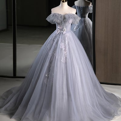 Gray off the shoulder tulle long prom dress, a-line beautiful evening party dress - Thumbnail 1