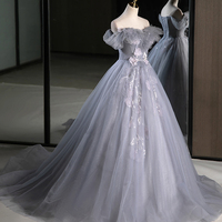 Gray Off the Shoulder Tulle Long Prom Dress, A-Line Beautiful Evening Party Dress - Thumbnail 1