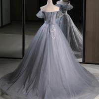 Gray Off the Shoulder Tulle Long Prom Dress, A-Line Beautiful Evening Party Dress - Thumbnail 3