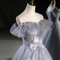 Gray Off the Shoulder Tulle Long Prom Dress, A-Line Beautiful Evening Party Dress - Thumbnail 4