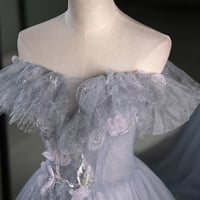 Gray Off the Shoulder Tulle Long Prom Dress, A-Line Beautiful Evening Party Dress - Thumbnail 5