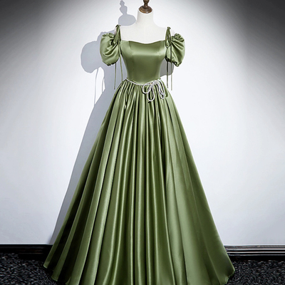 Green satin long prom dress, a-line short sleeve evening dress - Thumbnail 2